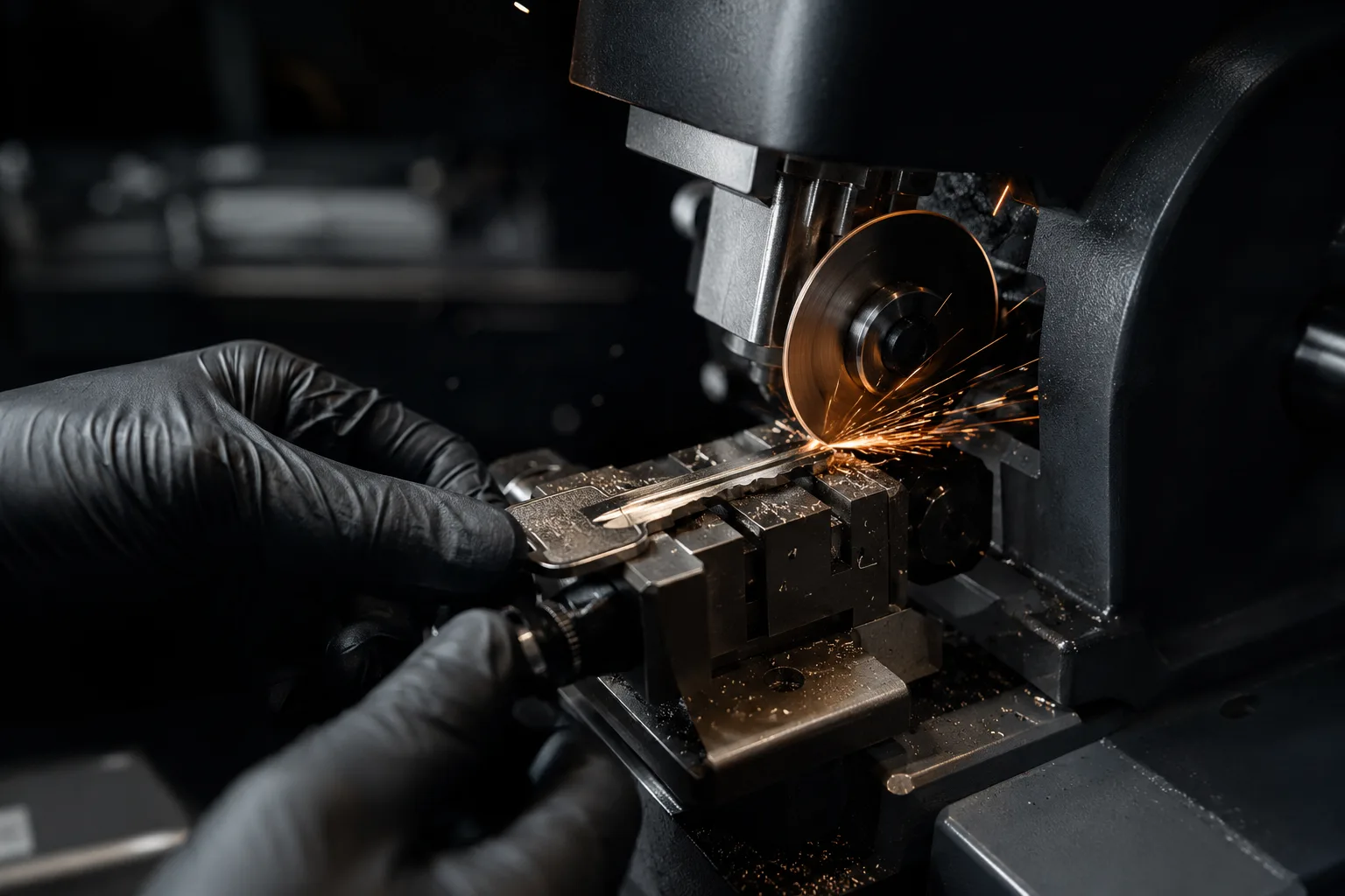 Máquina duplicadora cortando una llave de metal en el taller de Cerrajería Kanso