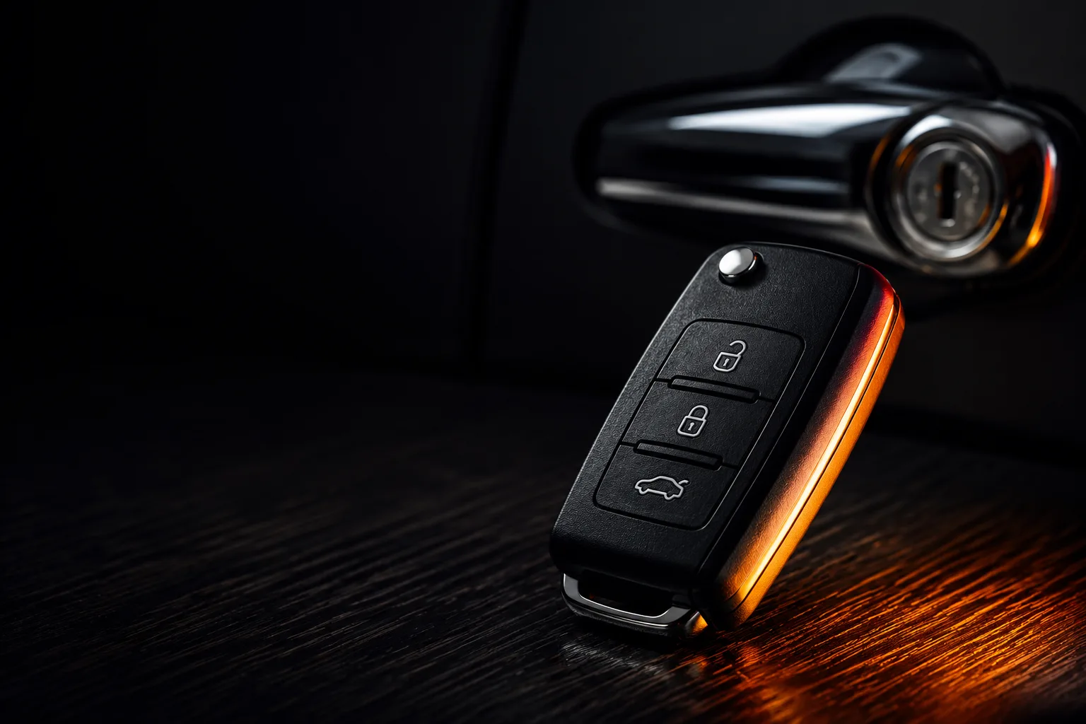 Llave de coche con chip junto a la cerradura de la puerta de un vehículo